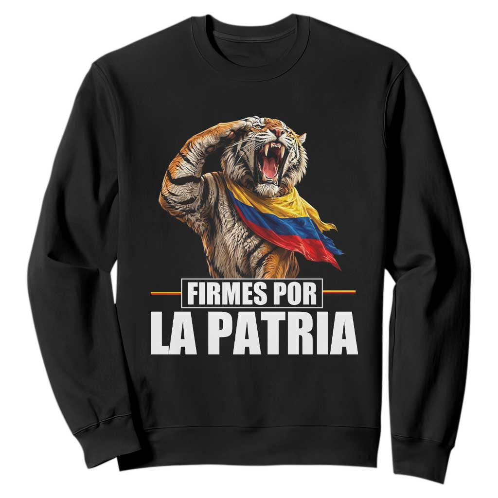 Firmes Por La Patria Colombian Pride Sweatshirt Roaring Saluting Tiger Patriotic Colombia Heritage Flag TS02 Black Print Your Wear