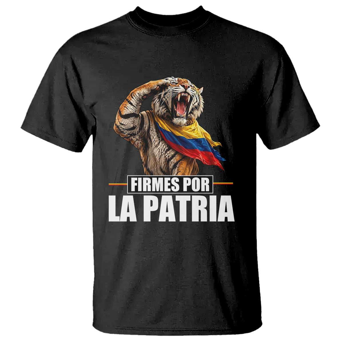Firmes Por La Patria Colombian Pride T Shirt Roaring Saluting Tiger Patriotic Colombia Heritage Flag TS02 Black Print Your Wear
