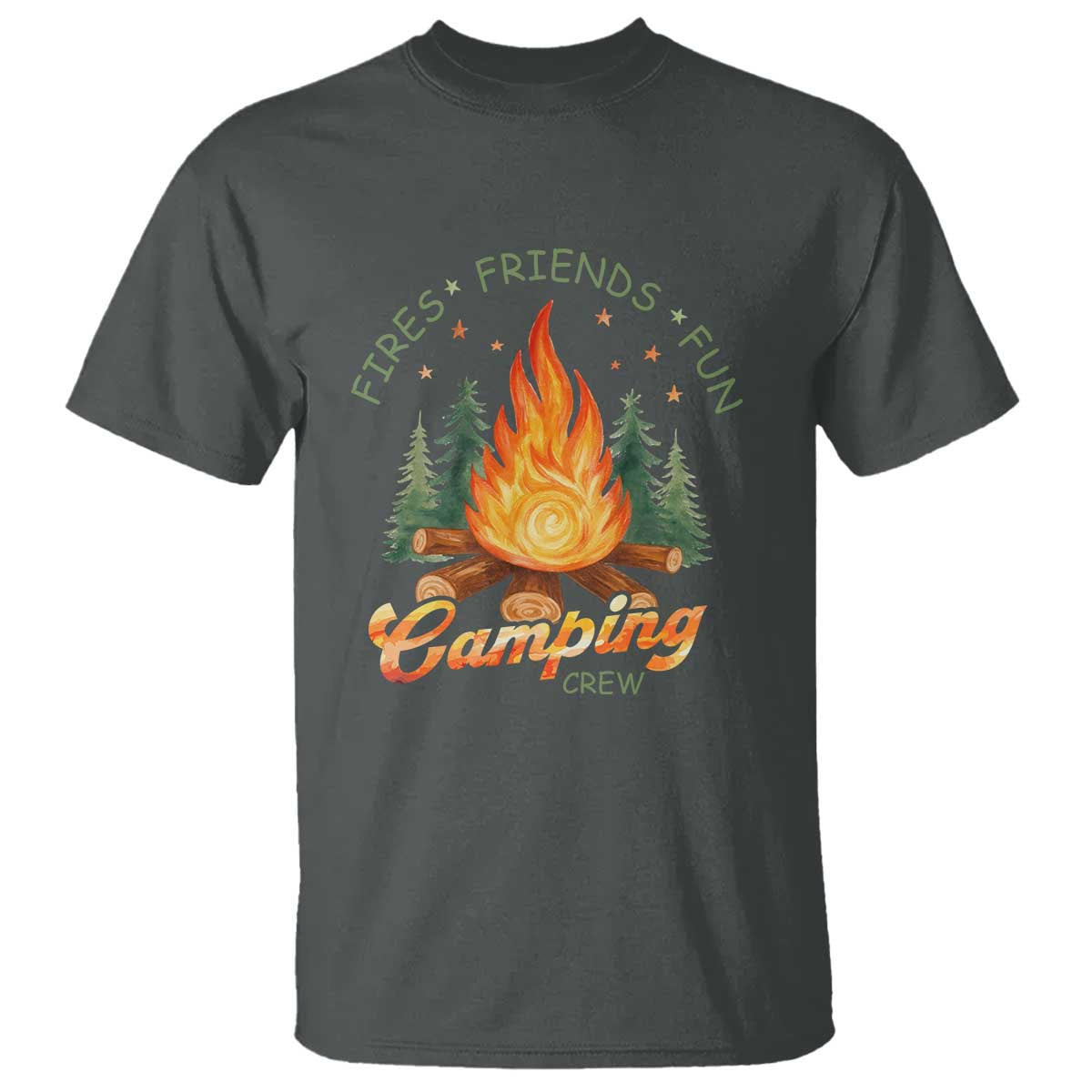 Fires Friends Fun Camping Crew T Shirt Cozy Campfire Adventure Outdoor Lovers TS02 Dark Heather Print Your Wear