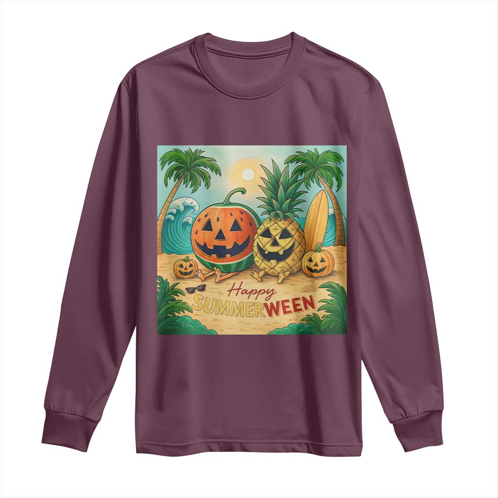 Retro Tropical Summerween Long Sleeve Shirt Halloween Summer Beach Cocktail Boo TS02 Maroon Print Your Wear