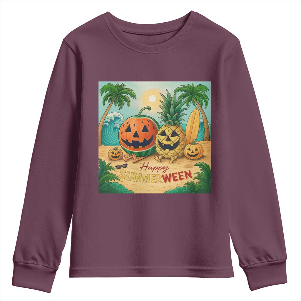 Retro Tropical Summerween Youth Sweatshirt Halloween Summer Beach Cocktail Boo TS02 Maroon Print Your Wear