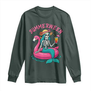 Summerween Skeleton Mermaid Long Sleeve Shirt Flamingo Float Funny Spooky Summer Halloween Vibes TS02 Dark Forest Green Print Your Wear
