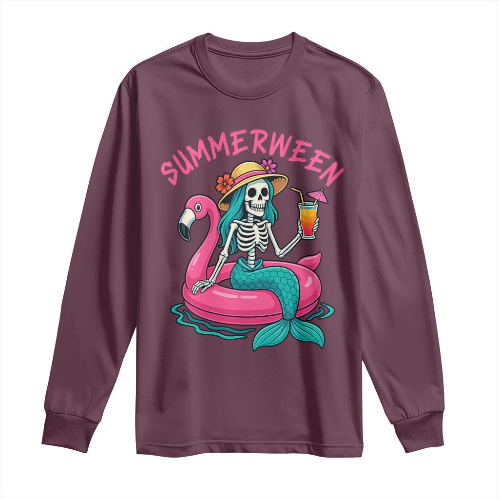 Summerween Skeleton Mermaid Long Sleeve Shirt Flamingo Float Funny Spooky Summer Halloween Vibes TS02 Maroon Print Your Wear