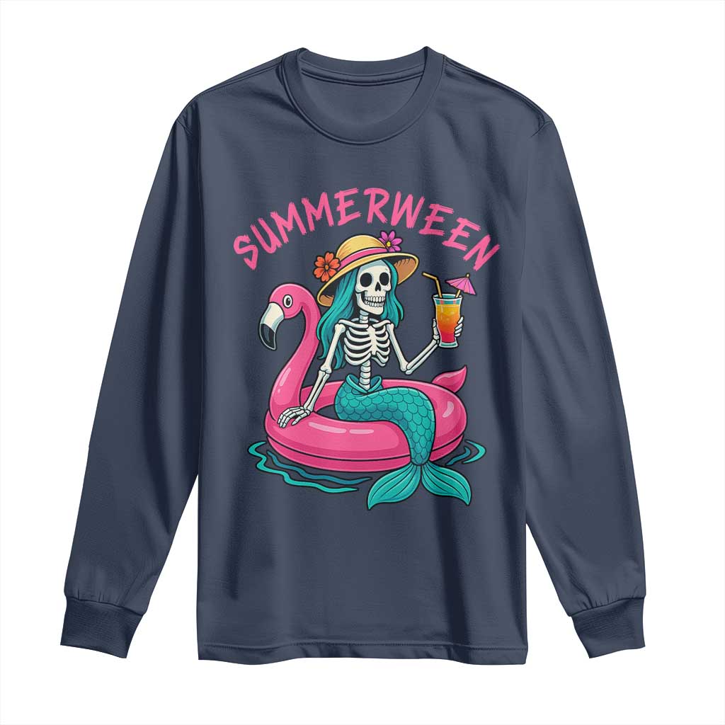 Summerween Skeleton Mermaid Long Sleeve Shirt Flamingo Float Funny Spooky Summer Halloween Vibes TS02 Navy Print Your Wear