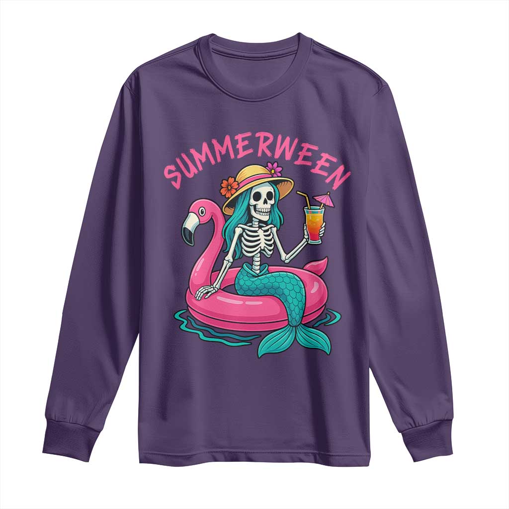 Summerween Skeleton Mermaid Long Sleeve Shirt Flamingo Float Funny Spooky Summer Halloween Vibes TS02 Purple Print Your Wear