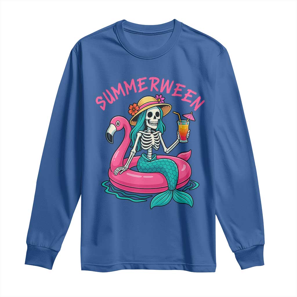 Summerween Skeleton Mermaid Long Sleeve Shirt Flamingo Float Funny Spooky Summer Halloween Vibes TS02 Royal Blue Print Your Wear