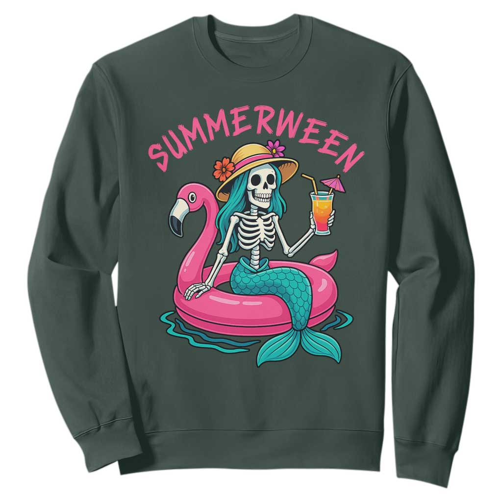 Summerween Skeleton Mermaid Sweatshirt Flamingo Float Funny Spooky Summer Halloween Vibes TS02 Dark Forest Green Print Your Wear