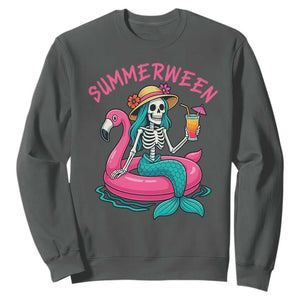 Summerween Skeleton Mermaid Sweatshirt Flamingo Float Funny Spooky Summer Halloween Vibes TS02 Dark Heather Print Your Wear