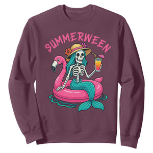 Summerween Skeleton Mermaid Sweatshirt Flamingo Float Funny Spooky Summer Halloween Vibes TS02 Maroon Print Your Wear
