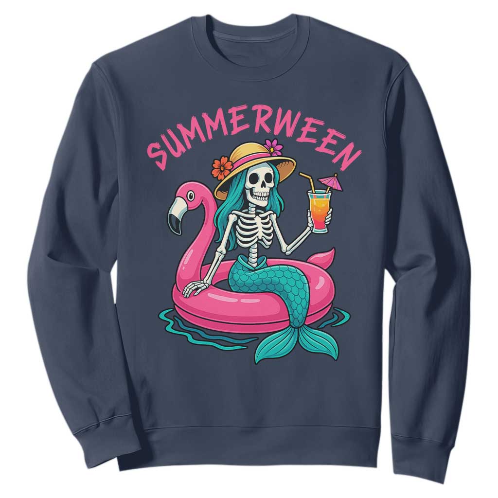 Summerween Skeleton Mermaid Sweatshirt Flamingo Float Funny Spooky Summer Halloween Vibes TS02 Navy Print Your Wear