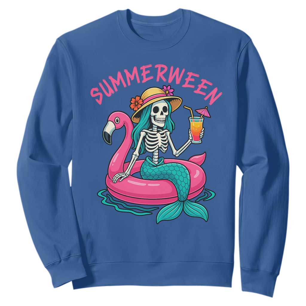 Summerween Skeleton Mermaid Sweatshirt Flamingo Float Funny Spooky Summer Halloween Vibes TS02 Royal Blue Print Your Wear