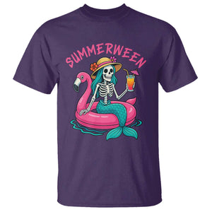 Summerween Skeleton Mermaid T Shirt Flamingo Float Funny Spooky Summer Halloween Vibes TS02 Purple Print Your Wear