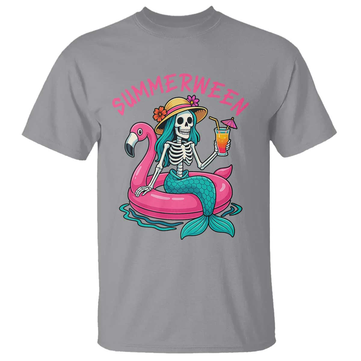 Summerween Skeleton Mermaid T Shirt Flamingo Float Funny Spooky Summer Halloween Vibes TS02 Sport Gray Print Your Wear