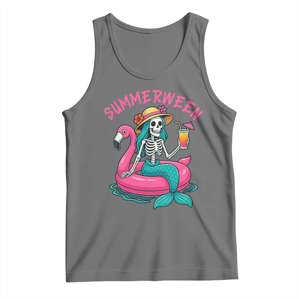 Summerween Skeleton Mermaid Tank Top Flamingo Float Funny Spooky Summer Halloween Vibes TS02 Black Heather Print Your Wear