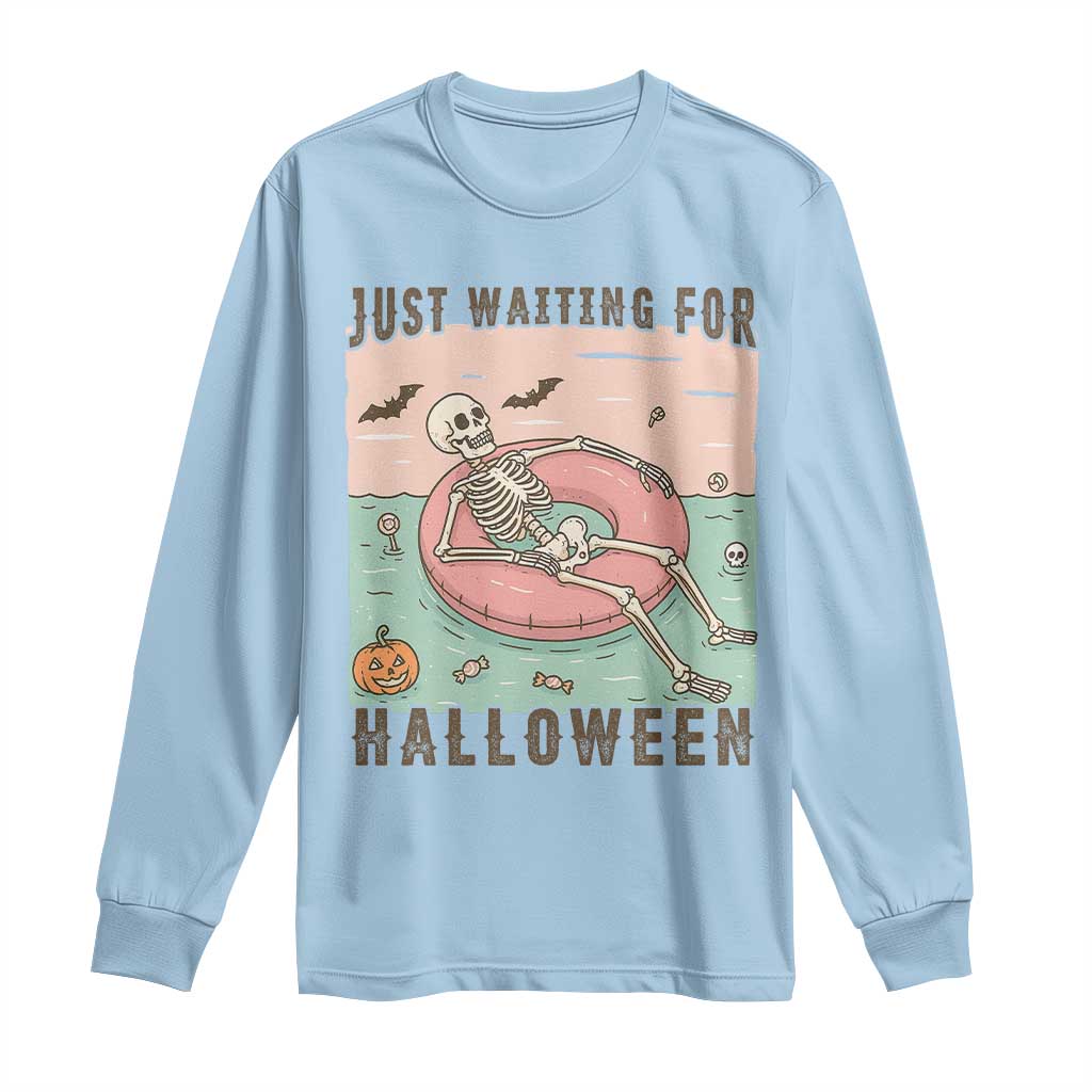 Spooky Summer Skeleton Long Sleeve Shirt Just Waiting For Halloween Summer Pool Party TS02 Light Blue Print Your Wear
