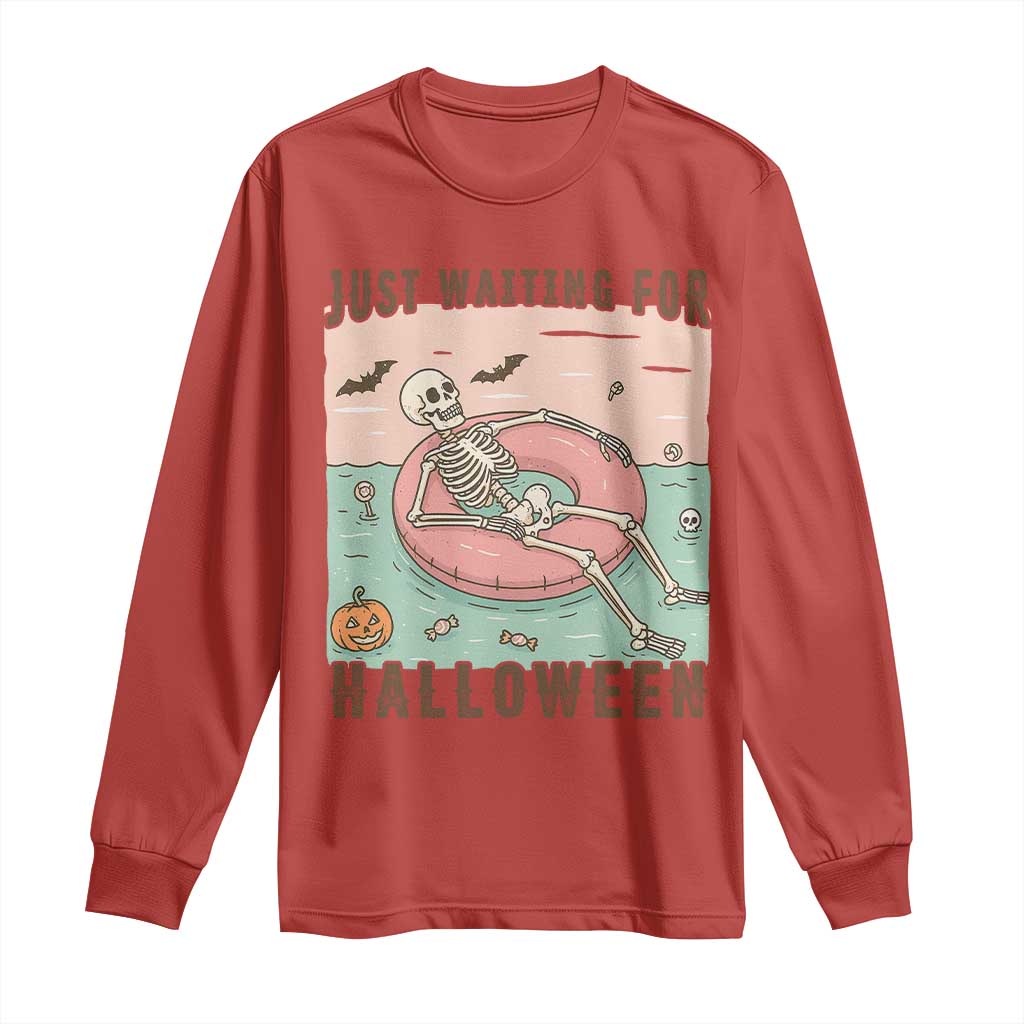 Spooky Summer Skeleton Long Sleeve Shirt Just Waiting For Halloween Summer Pool Party TS02 Red Print Your Wear