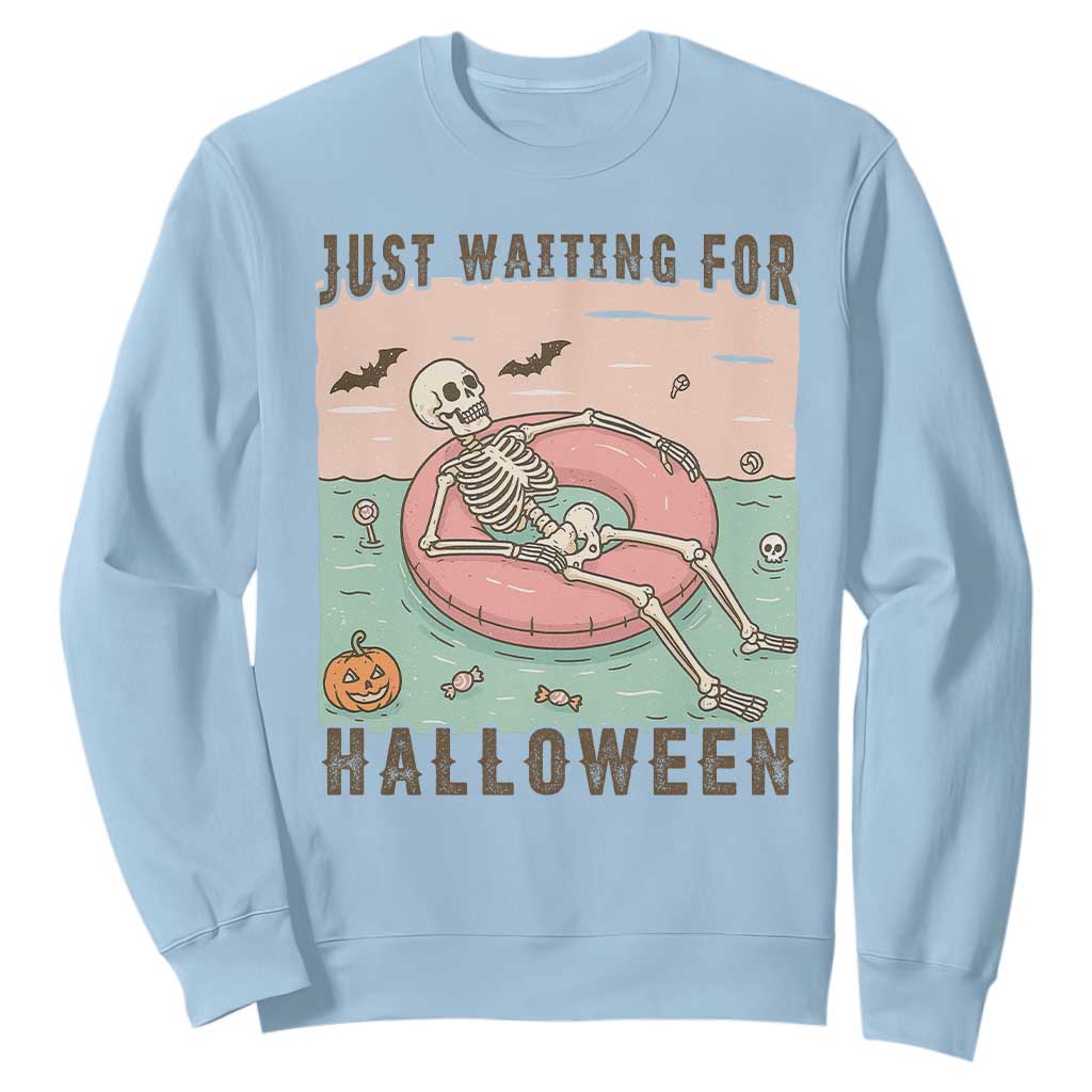 Spooky Summer Skeleton Sweatshirt Just Waiting For Halloween Summer Pool Party TS02 Light Blue Print Your Wear