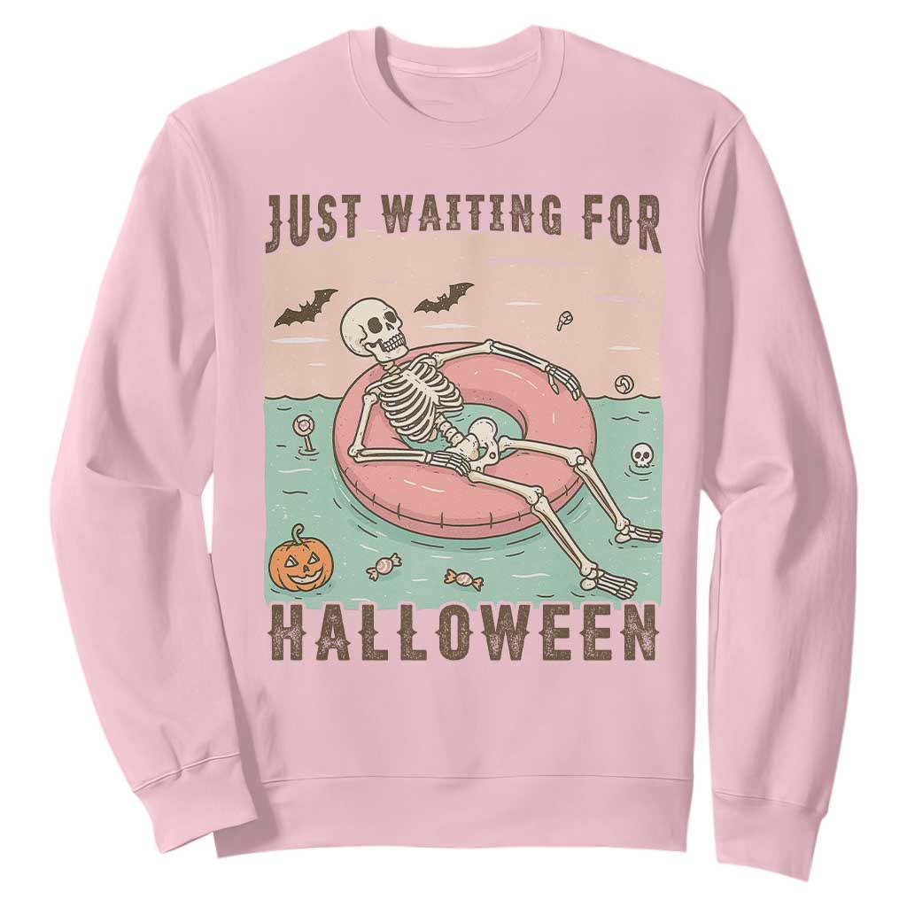 Spooky Summer Skeleton Sweatshirt Just Waiting For Halloween Summer Pool Party TS02 Light Pink Print Your Wear