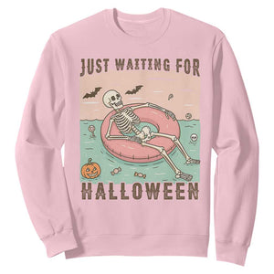 Spooky Summer Skeleton Sweatshirt Just Waiting For Halloween Summer Pool Party TS02 Light Pink Print Your Wear
