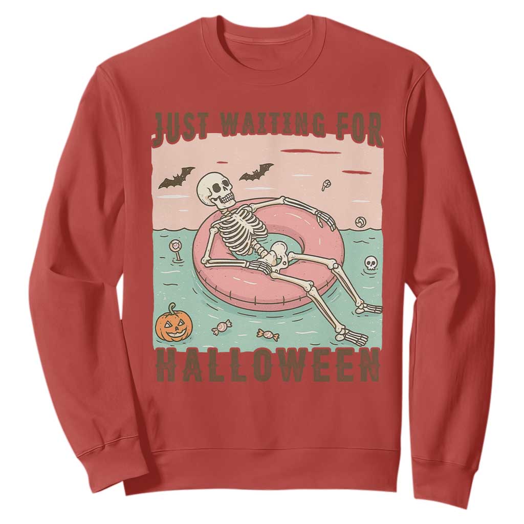 Spooky Summer Skeleton Sweatshirt Just Waiting For Halloween Summer Pool Party TS02 Red Print Your Wear