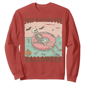 Spooky Summer Skeleton Sweatshirt Just Waiting For Halloween Summer Pool Party TS02 Red Print Your Wear