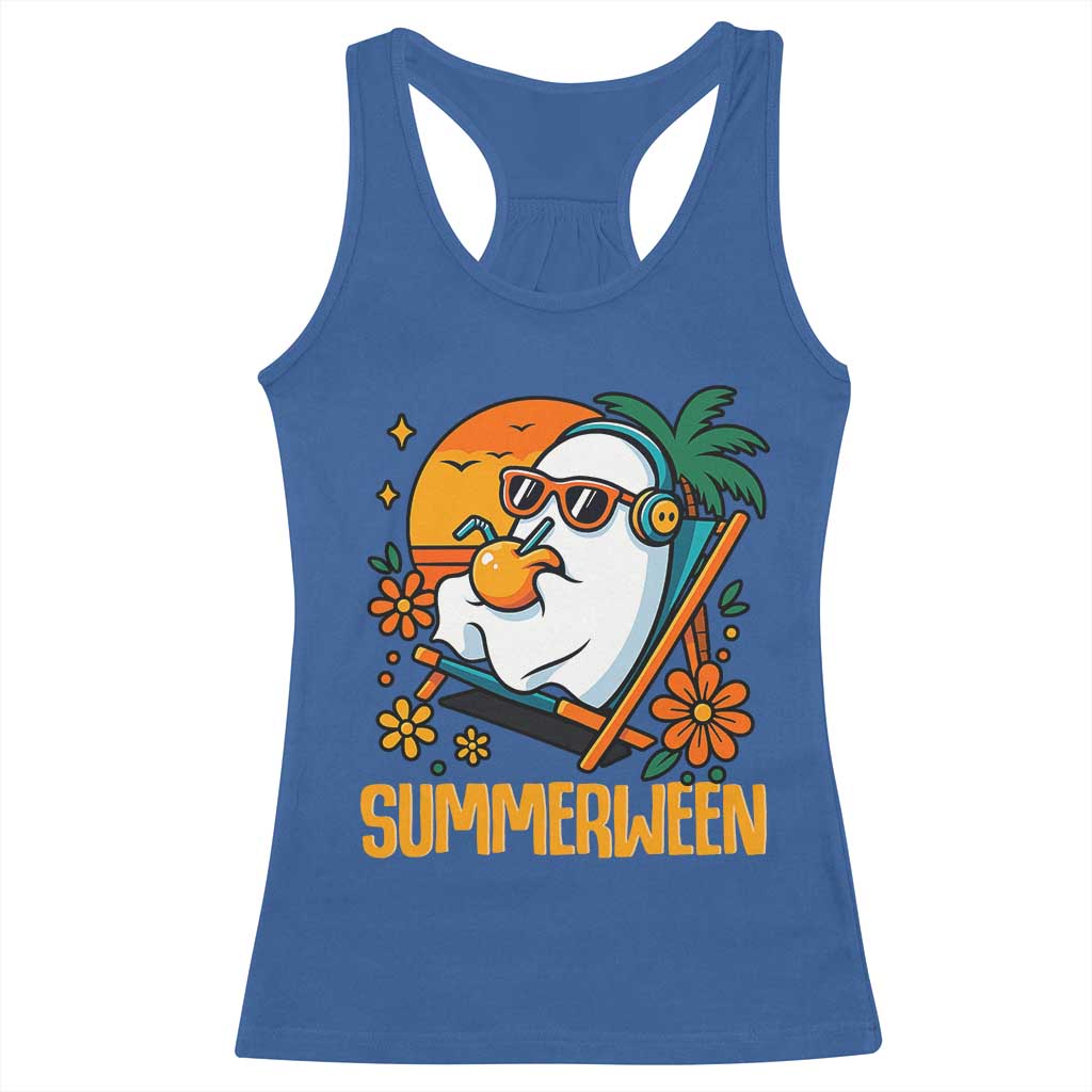 Tropical Summerween Boo Sheet Racerback Tank Top Funny Ghost Halloween Summer Beach Vibes TS02 Royal Blue Print Your Wear