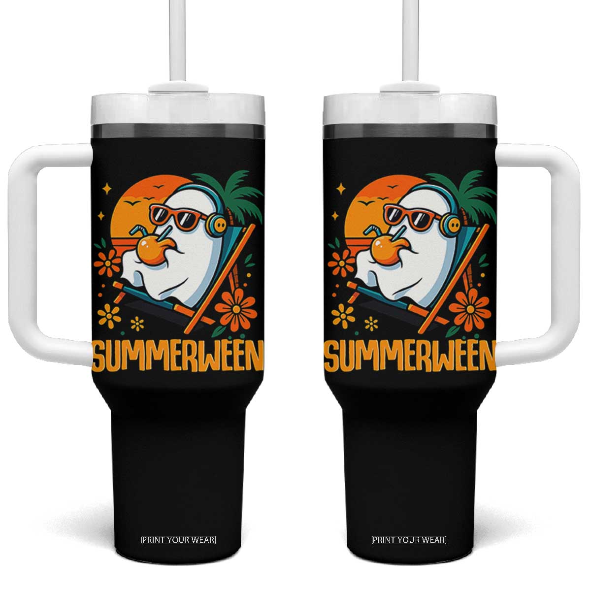 Tropical Summerween Boo Sheet Tumbler With Handle Funny Ghost Halloween Summer Beach Vibes TS02 One Size: 40 oz Black Print Your Wear
