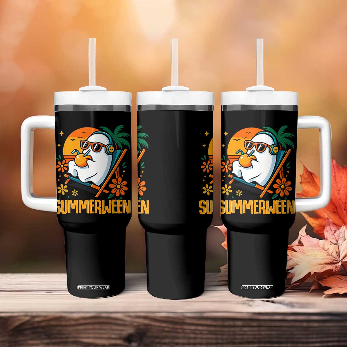 Tropical Summerween Boo Sheet Tumbler With Handle Funny Ghost Halloween Summer Beach Vibes TS02 Print Your Wear