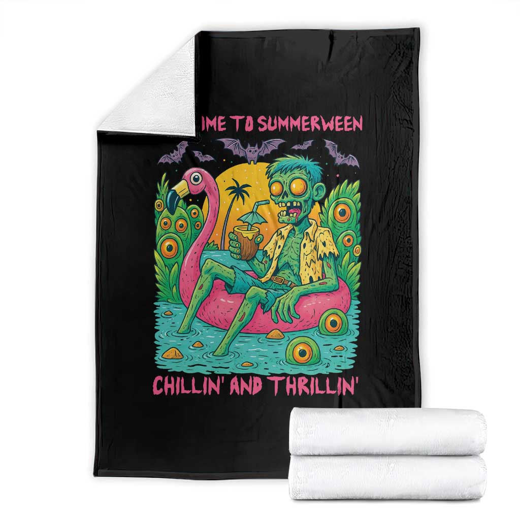 Summerween Zombie Pool Party Throw Blanket Chillin and Thrillin Flamingo Float Summer Halloween TS02 Black Print Your Wear