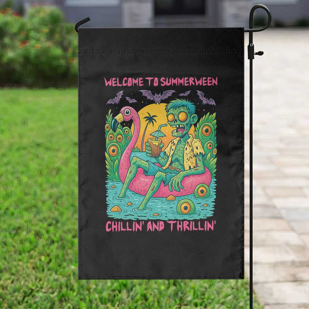 Summerween Zombie Pool Party Garden Flag Chillin and Thrillin Flamingo Float Summer Halloween TS02 Print Your Wear