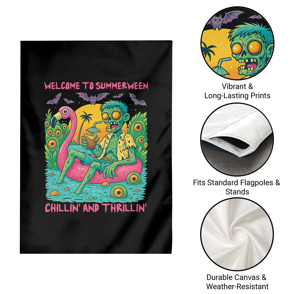 Summerween Zombie Pool Party Garden Flag Chillin and Thrillin Flamingo Float Summer Halloween TS02 Print Your Wear
