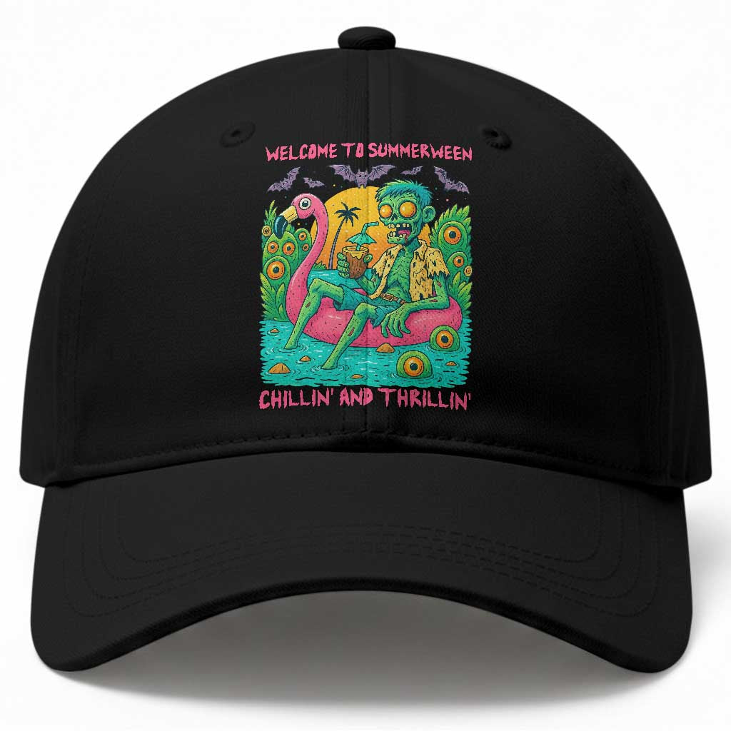 Summerween Zombie Pool Party Baseball Cap Chillin and Thrillin Flamingo Float Summer Halloween TS02 Print Your Wear