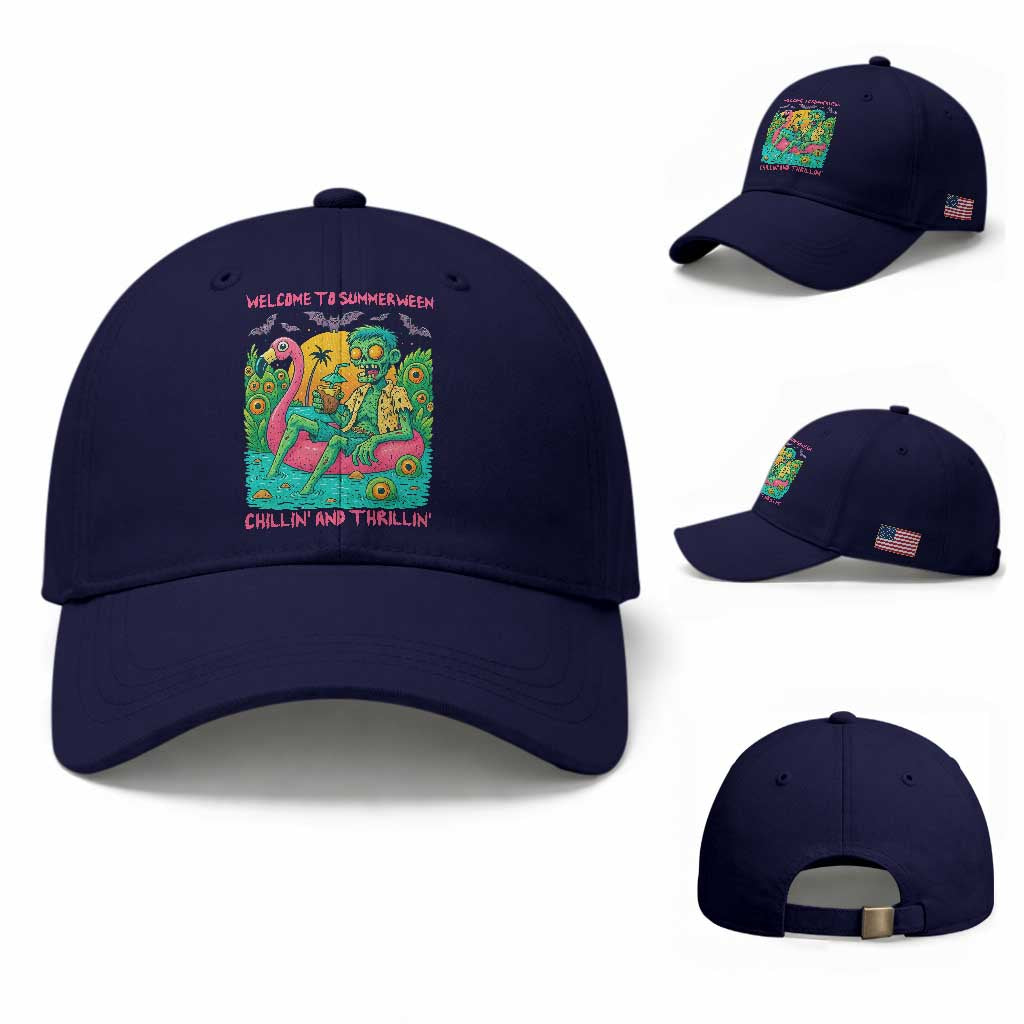 Summerween Zombie Pool Party Baseball Cap Chillin and Thrillin Flamingo Float Summer Halloween TS02 Baseball Cap Universal Fit Dark Blue Print Your Wear