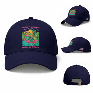 Summerween Zombie Pool Party Baseball Cap Chillin and Thrillin Flamingo Float Summer Halloween TS02 Baseball Cap Universal Fit Dark Blue Print Your Wear
