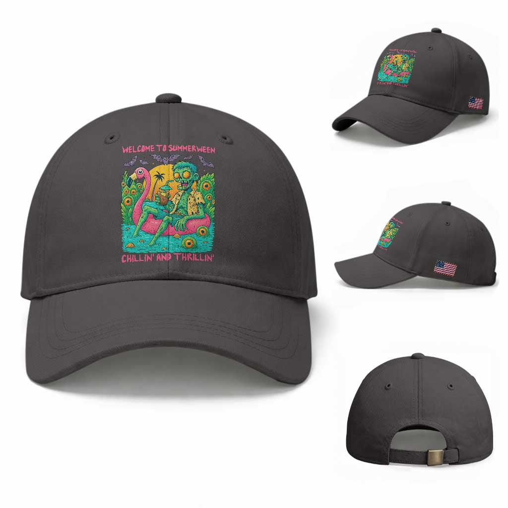 Summerween Zombie Pool Party Baseball Cap Chillin and Thrillin Flamingo Float Summer Halloween TS02 Baseball Cap Universal Fit Dark Gray Print Your Wear