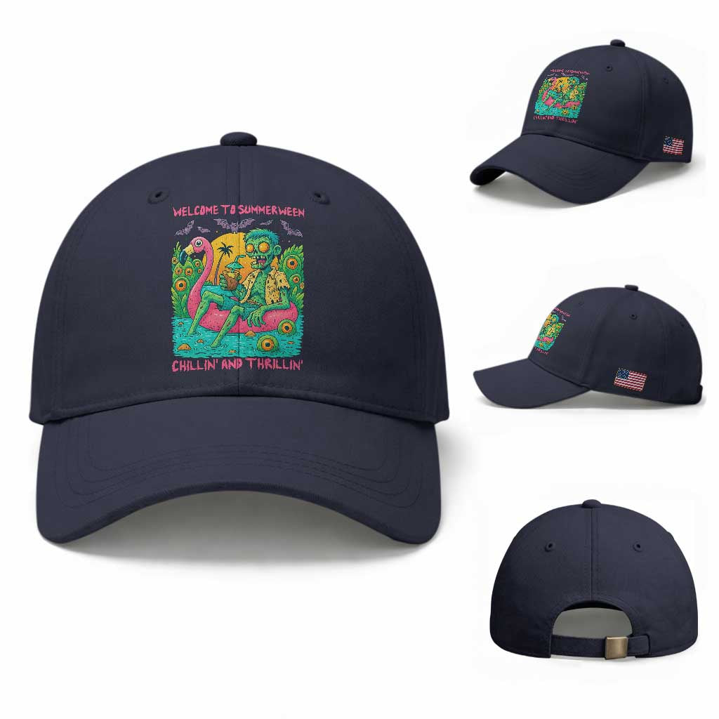 Summerween Zombie Pool Party Baseball Cap Chillin and Thrillin Flamingo Float Summer Halloween TS02 Baseball Cap Universal Fit Navy Print Your Wear