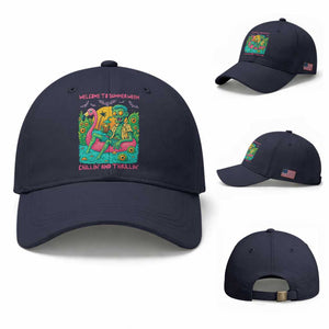 Summerween Zombie Pool Party Baseball Cap Chillin and Thrillin Flamingo Float Summer Halloween TS02 Baseball Cap Universal Fit Navy Print Your Wear
