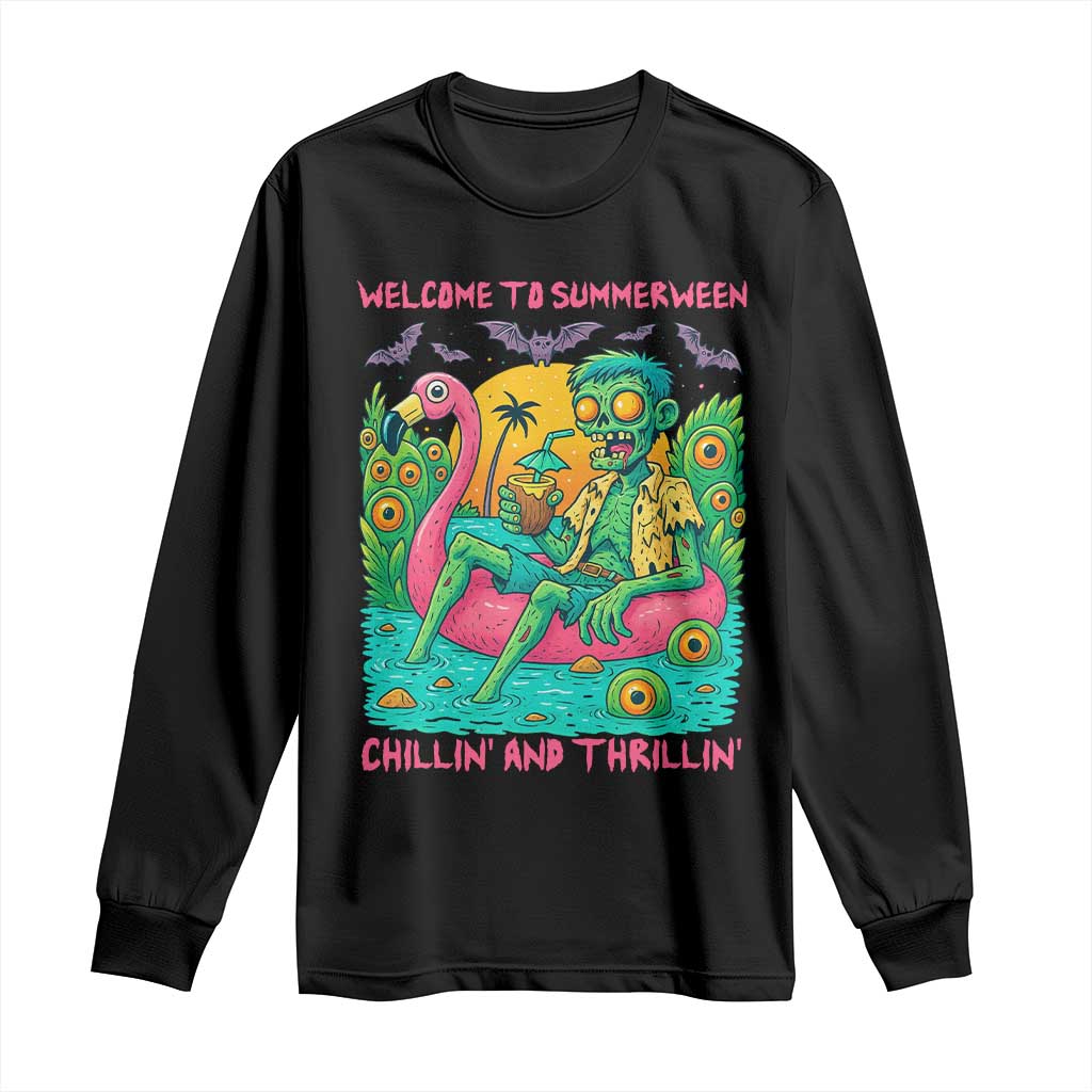 Summerween Zombie Pool Party Long Sleeve Shirt Chillin and Thrillin Flamingo Float Summer Halloween TS02 Black Print Your Wear