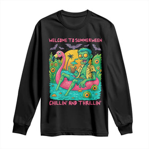 Summerween Zombie Pool Party Long Sleeve Shirt Chillin and Thrillin Flamingo Float Summer Halloween TS02 Black Print Your Wear