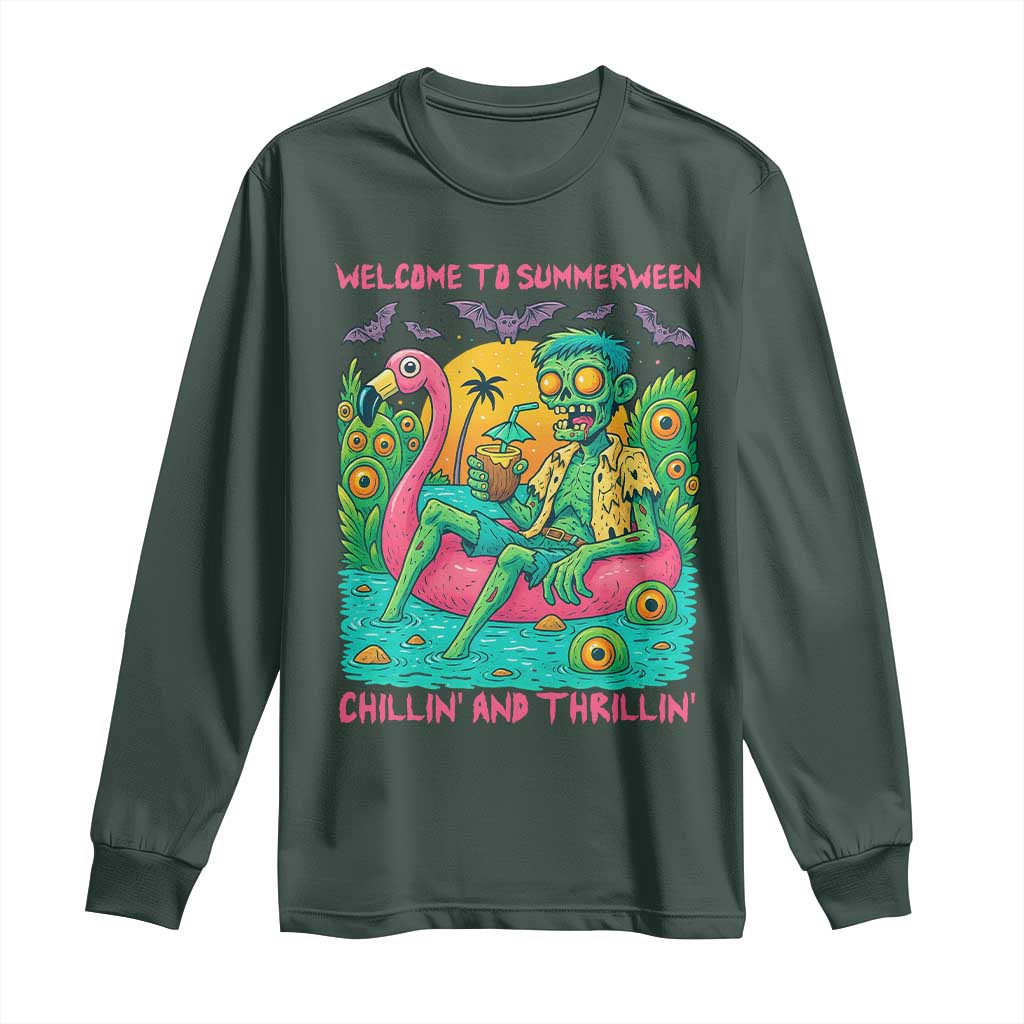 Summerween Zombie Pool Party Long Sleeve Shirt Chillin and Thrillin Flamingo Float Summer Halloween TS02 Dark Forest Green Print Your Wear