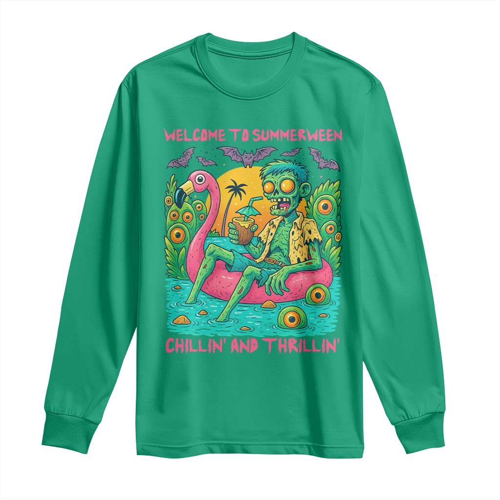 Summerween Zombie Pool Party Long Sleeve Shirt Chillin and Thrillin Flamingo Float Summer Halloween TS02 Irish Green Print Your Wear
