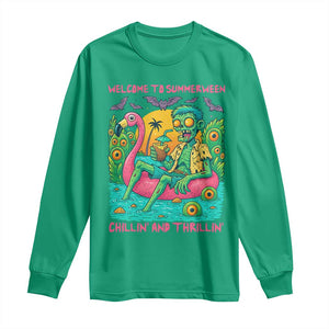 Summerween Zombie Pool Party Long Sleeve Shirt Chillin and Thrillin Flamingo Float Summer Halloween TS02 Irish Green Print Your Wear