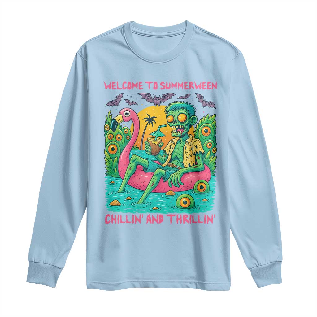 Summerween Zombie Pool Party Long Sleeve Shirt Chillin and Thrillin Flamingo Float Summer Halloween TS02 Light Blue Print Your Wear