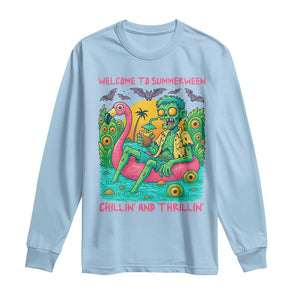 Summerween Zombie Pool Party Long Sleeve Shirt Chillin and Thrillin Flamingo Float Summer Halloween TS02 Light Blue Print Your Wear