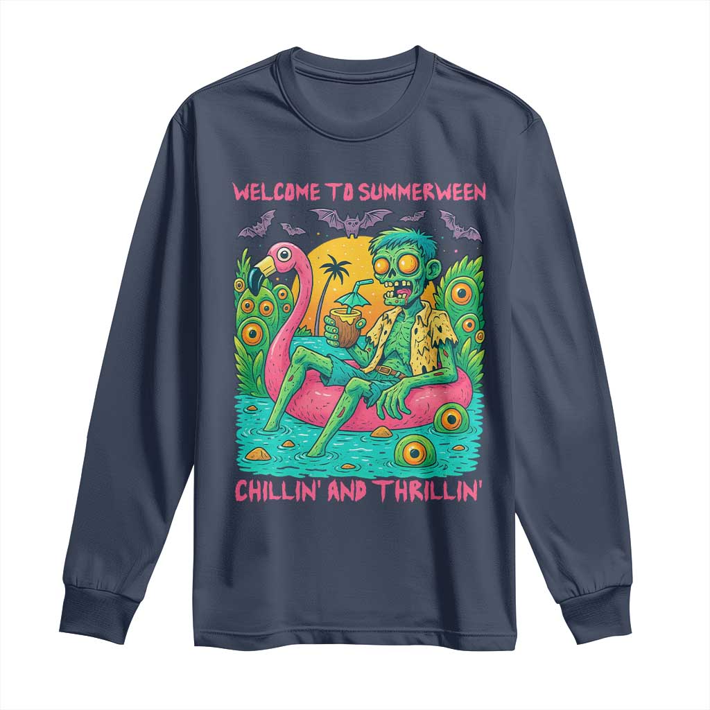 Summerween Zombie Pool Party Long Sleeve Shirt Chillin and Thrillin Flamingo Float Summer Halloween TS02 Navy Print Your Wear