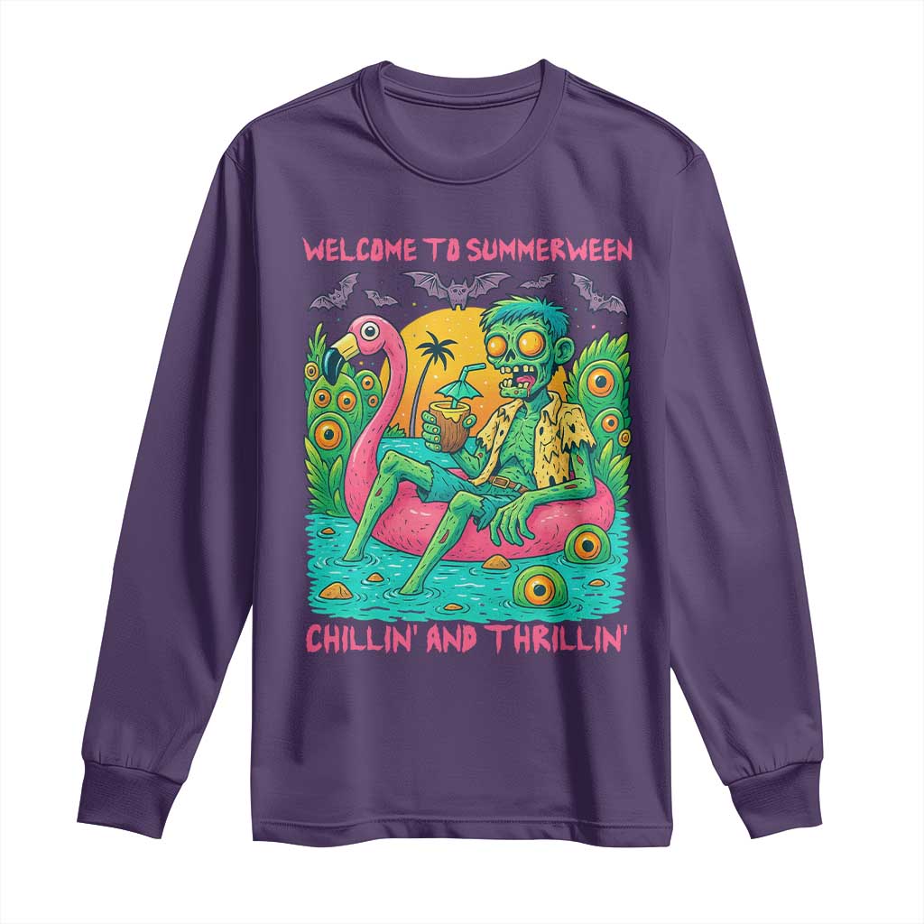 Summerween Zombie Pool Party Long Sleeve Shirt Chillin and Thrillin Flamingo Float Summer Halloween TS02 Purple Print Your Wear