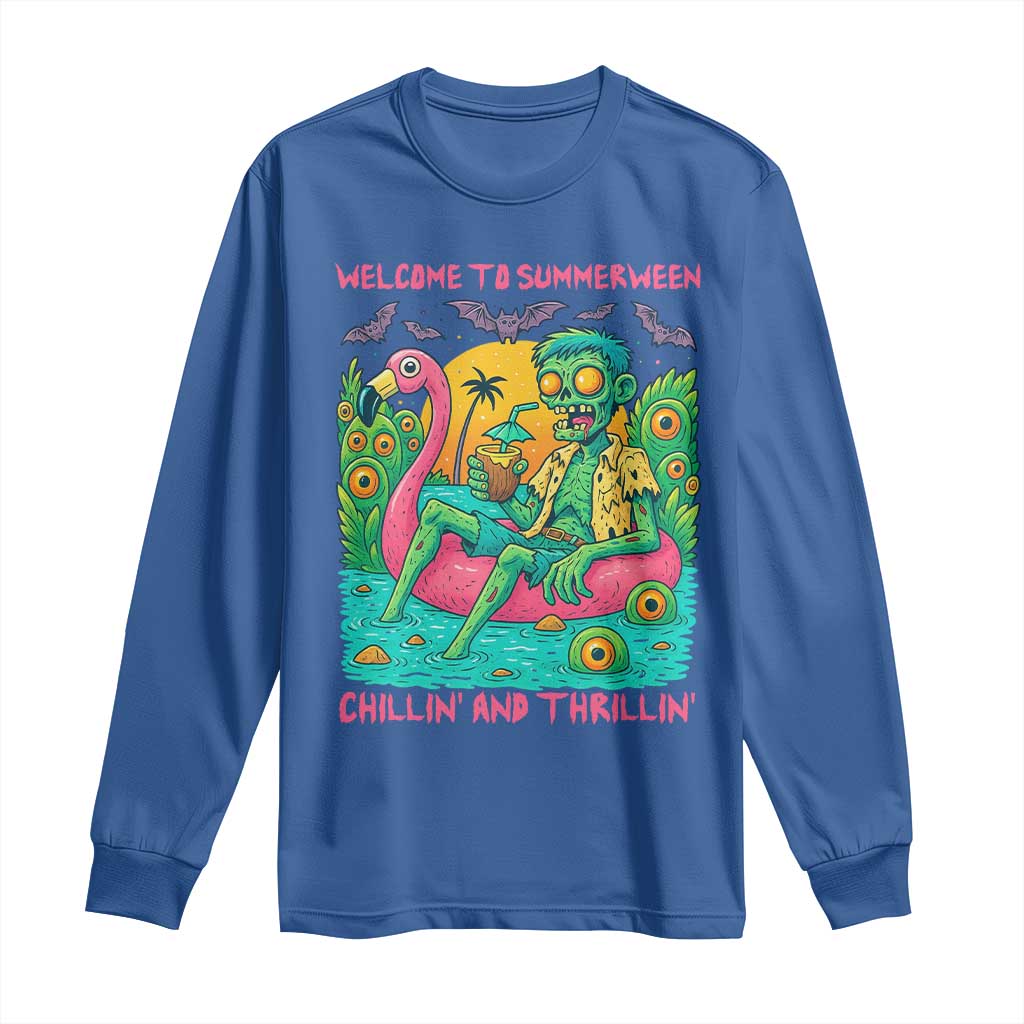 Summerween Zombie Pool Party Long Sleeve Shirt Chillin and Thrillin Flamingo Float Summer Halloween TS02 Royal Blue Print Your Wear