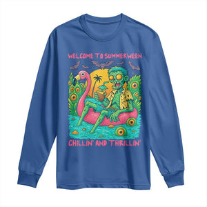 Summerween Zombie Pool Party Long Sleeve Shirt Chillin and Thrillin Flamingo Float Summer Halloween TS02 Royal Blue Print Your Wear