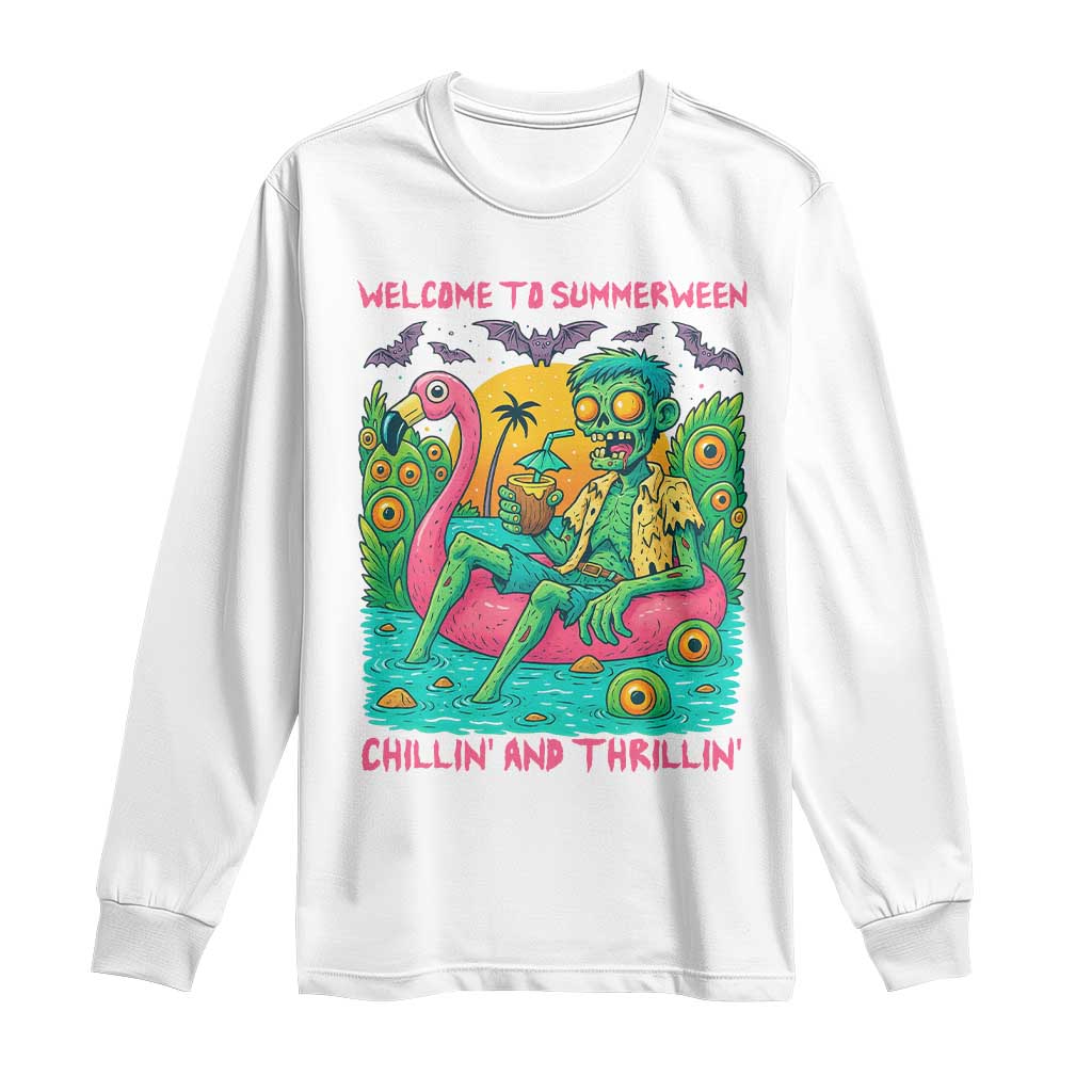 Summerween Zombie Pool Party Long Sleeve Shirt Chillin and Thrillin Flamingo Float Summer Halloween TS02 White Print Your Wear