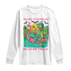 Summerween Zombie Pool Party Long Sleeve Shirt Chillin and Thrillin Flamingo Float Summer Halloween TS02 White Print Your Wear